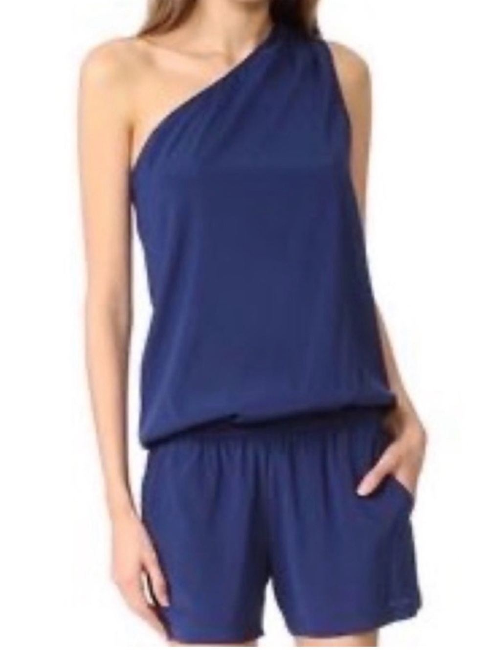 Ramy Brook Navy Silk One-Shoulder Romper NWT Size L Asymmetrical Draped Chic - Picture 3 of 14
